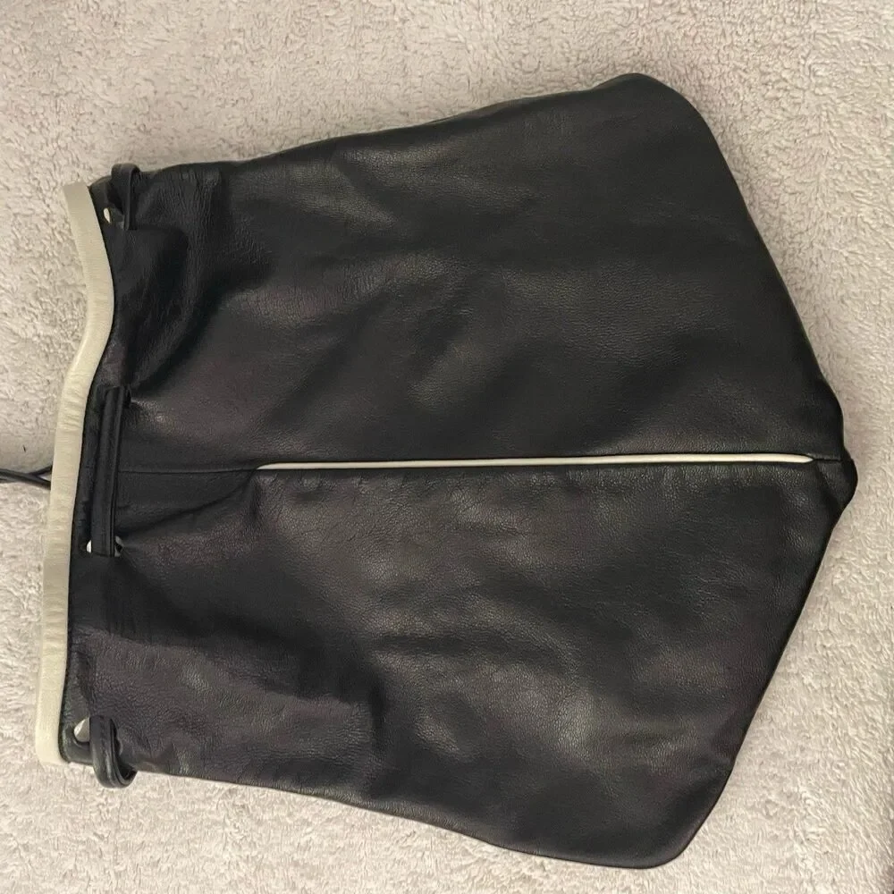 Vintage Black Leather Shoulder Bucket Drawstring Bag with White Trim Artsy 90s